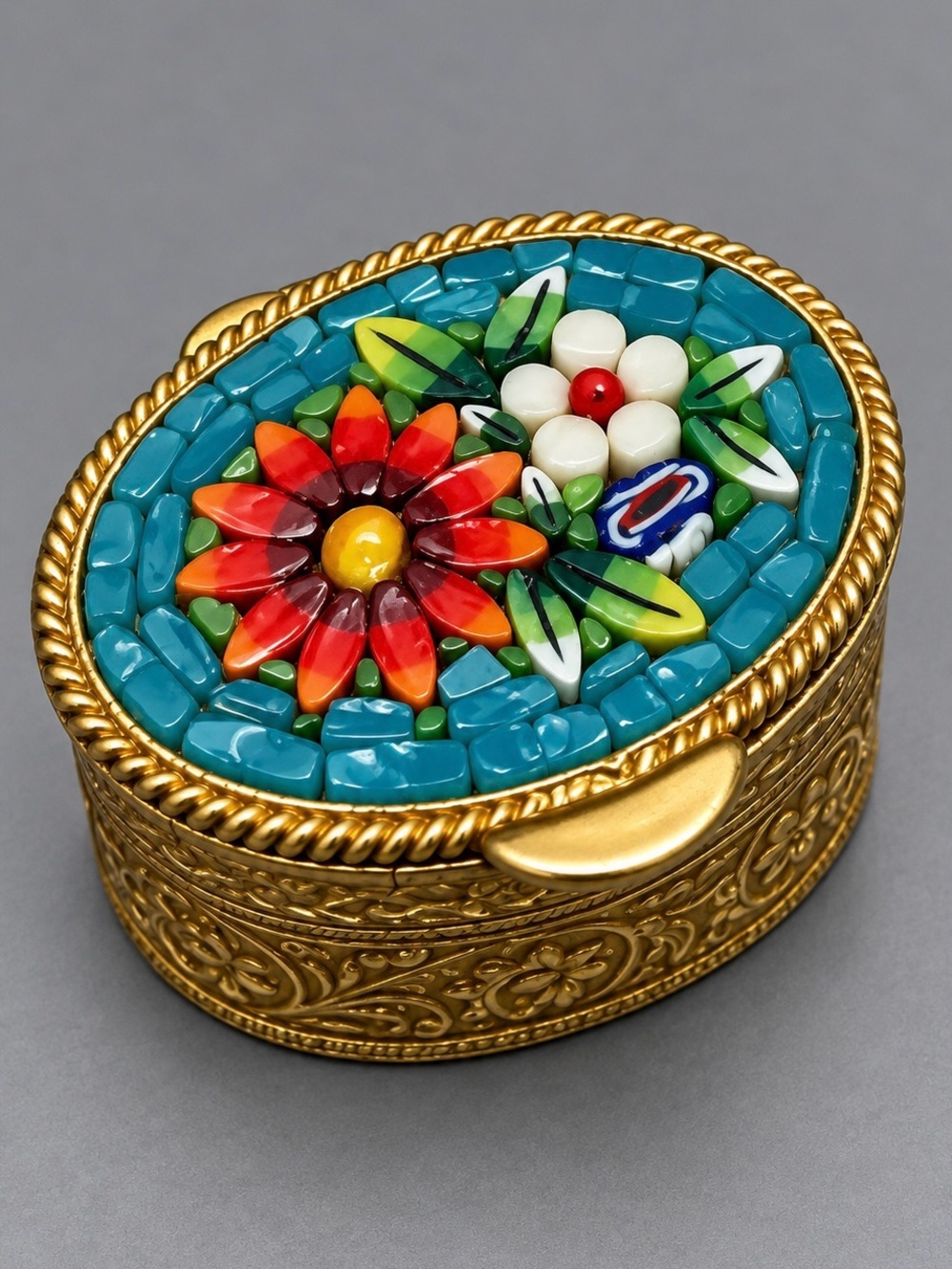 Vintage Gold Mosaic Floral Trinket Box with Turquoise Inlay